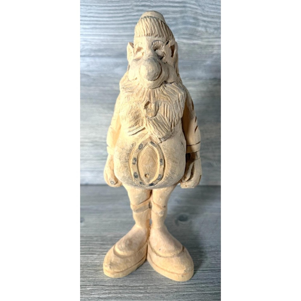 Vtg. Hand Carved Wood OOAK Gnome Folk Art Caricature Figure Unpainted 9" Wooden